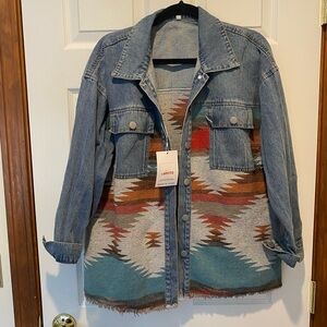 NWT Denim Shacket with southwestern fabric print - L